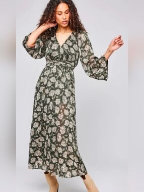 Gentle Fawn Olive Green Floral Wrap Maxi Dress